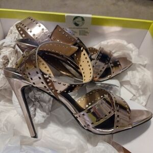 Paper Fox Filmstrip Strappy Silver Heels Size 8 NWT